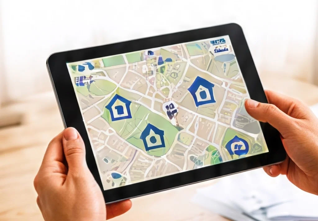 Hands holding a tablet displaying a property map with home location pins