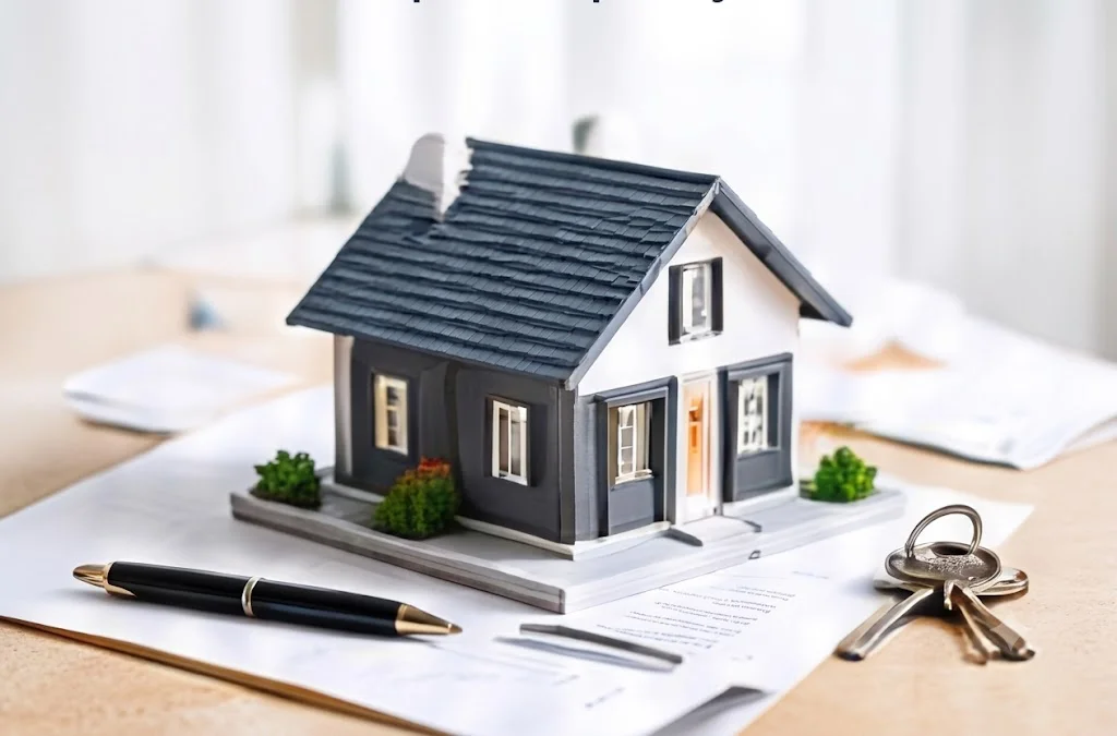Model home on architectural plans with keys on a wooden desk