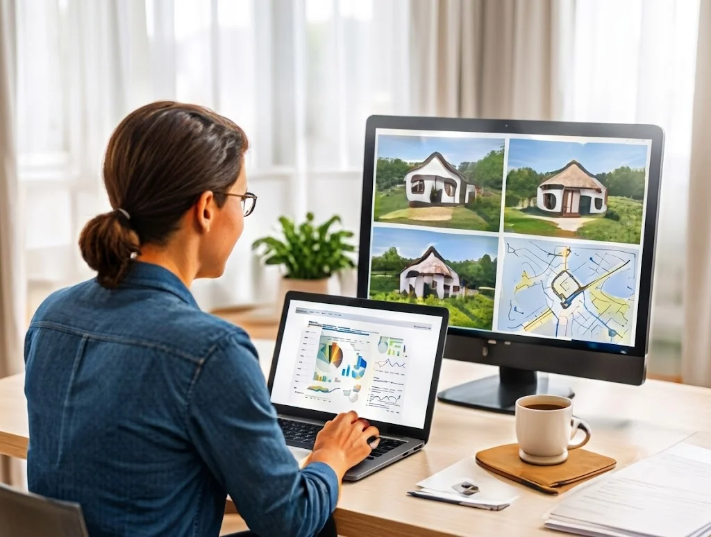 Professional reviewing real estate listings on dual monitors at a home desk