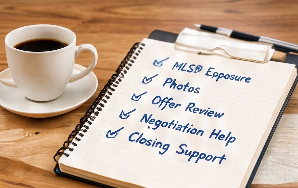 Coffee cup and a checklist notebook with MLS listing services on a wooden desk
