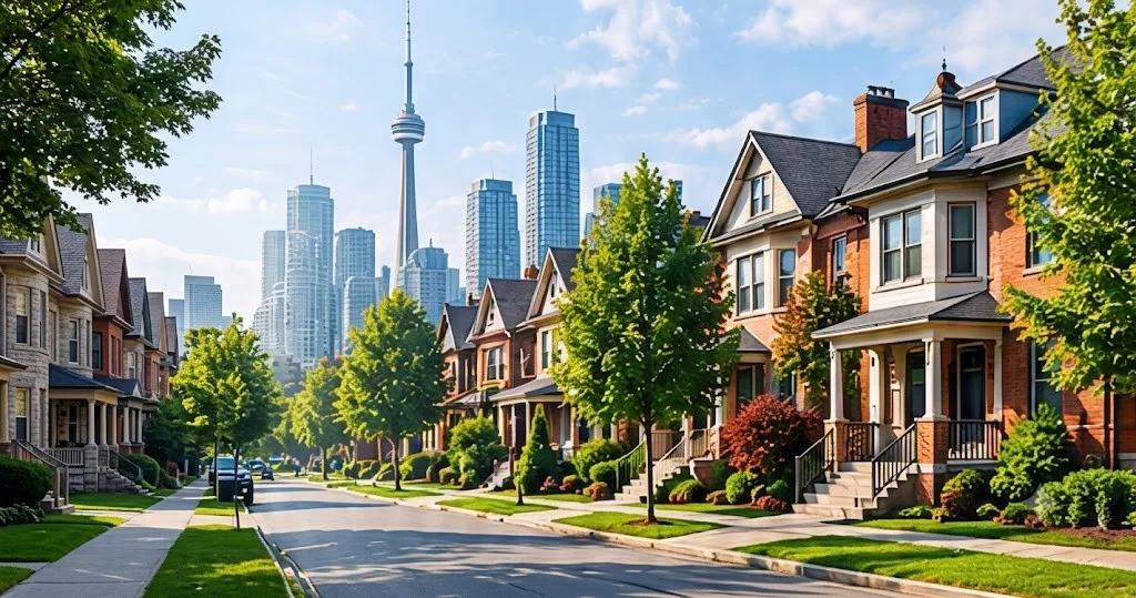 Residential street with Toronto skyline including the CN Tower in the distance