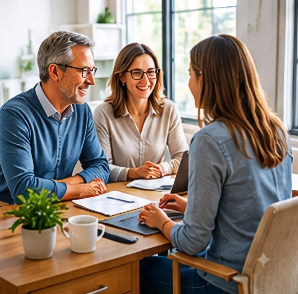 Three professionals reviewing documents together at a bright office desk