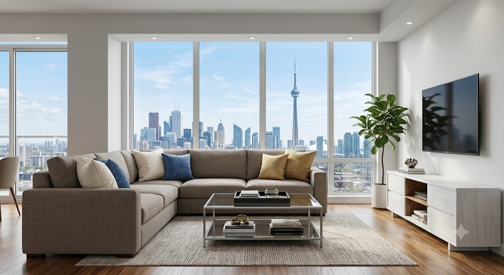 Bright living room with a sofa and large windows