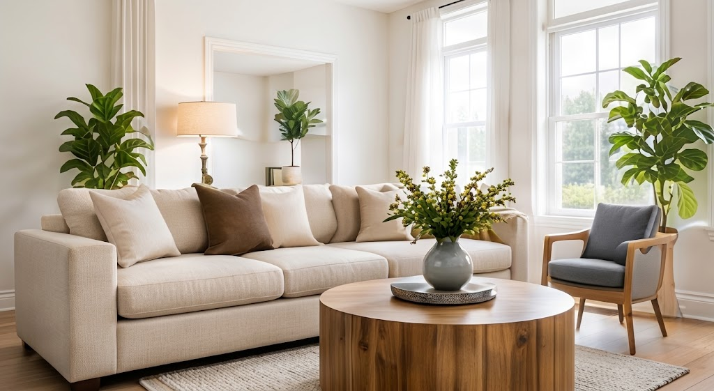 Clean, de-cluttered living room with a sofa and round wood table