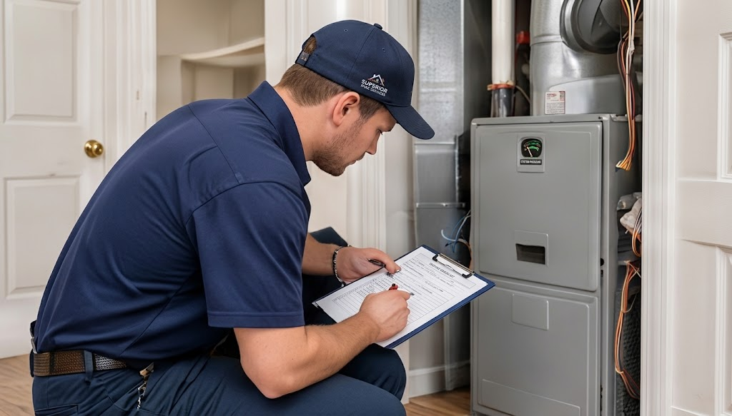Home inspector reviewing a furnace and clipboard