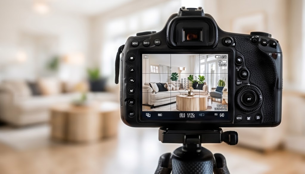 Camera on a tripod photographing a living room
