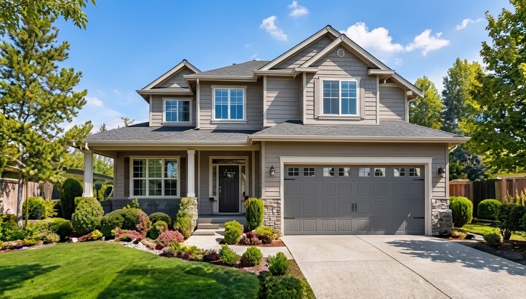 Suburban home with landscaped front yard