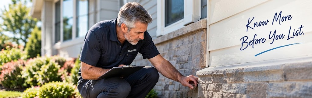 Home inspector examining an exterior stone foundation; overlay text reads Know More Before You List.