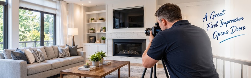 Professional photographer with tripod capturing a home for listing photos
