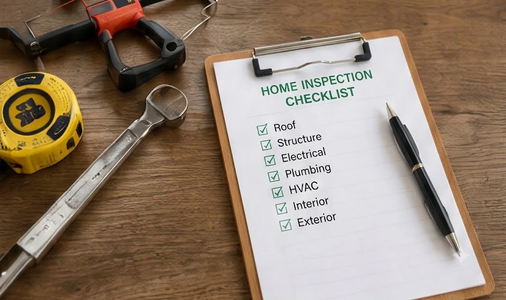 Home inspection checklist and tools on a desk