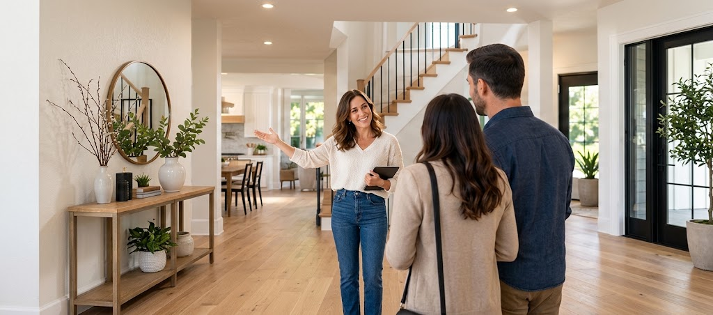 Agent welcoming buyers into a home for a showing
