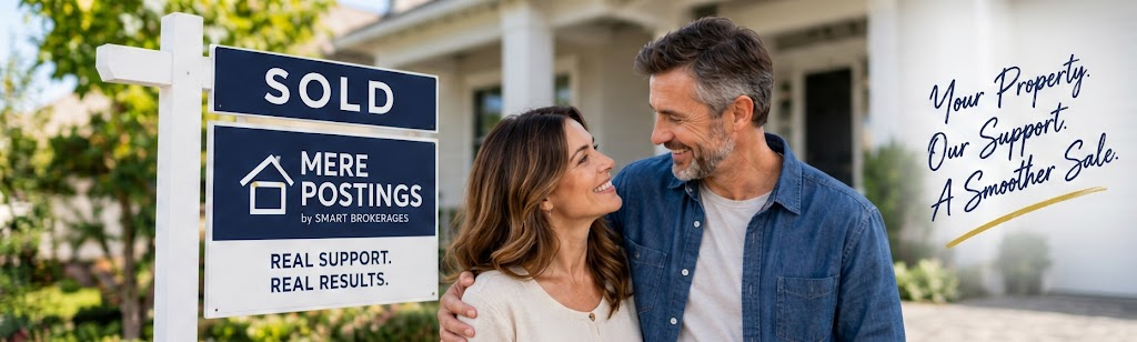 Homeowners celebrating beside a sold sign