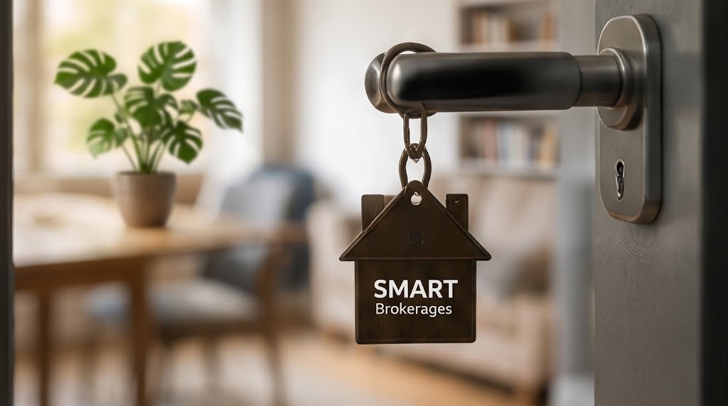 Smart Brokerages key tag on a front door